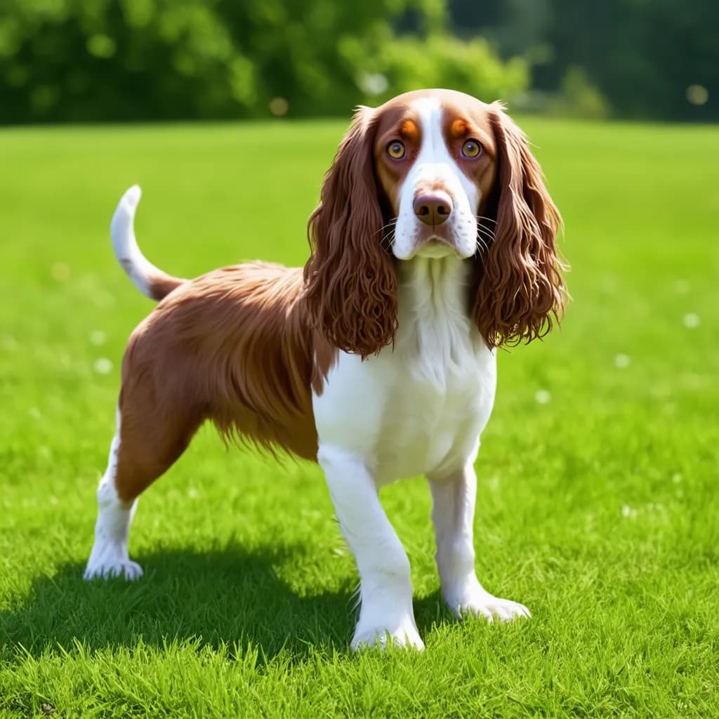 A brown and white Brittany with long, curly ears stands attentively on a neatly manicured lawn with trees in the background.