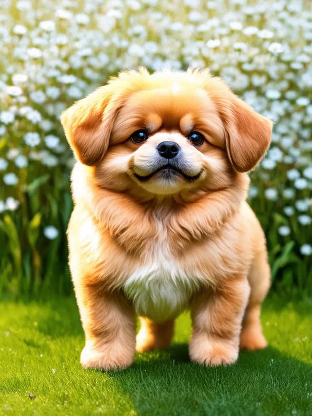 A small, fluffy Pomapoo with tan fur stands on green grass in front of a backdrop of white flowers. The dog looks directly at the camera.