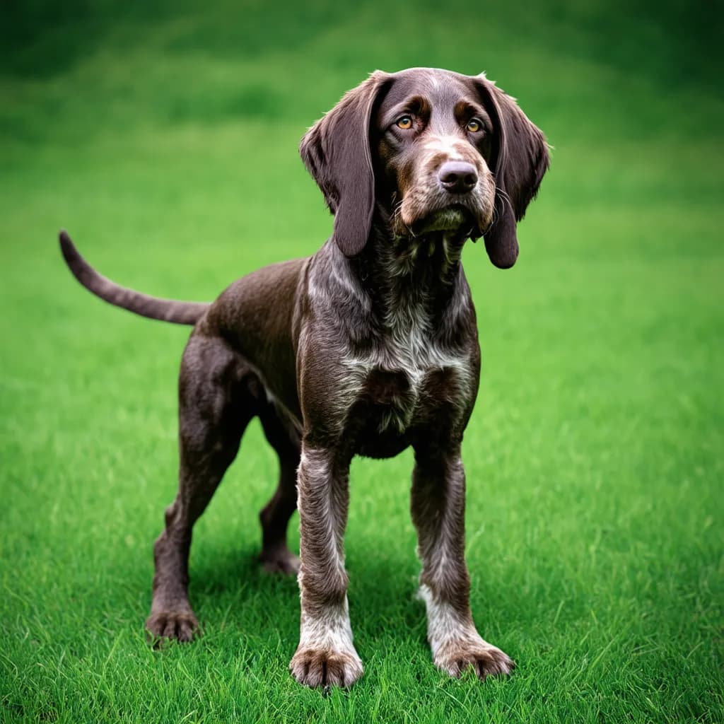 A German Wirehaired Pointer with long ears and a mix of brown and white fur stands on green grass, looking ahead.