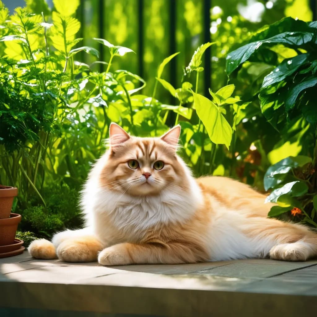 A fluffy orange and white American Curl is lying on a wooden surface surrounded by lush green plants in a garden.