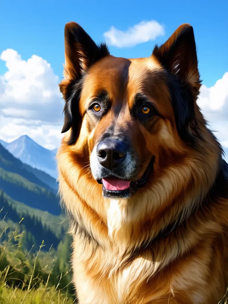 A large Caucasian Shepherd with brown and black fur stands in a grassy area with mountains in the background under a blue sky with some clouds. The dog is looking towards the camera with its tongue slightly out.