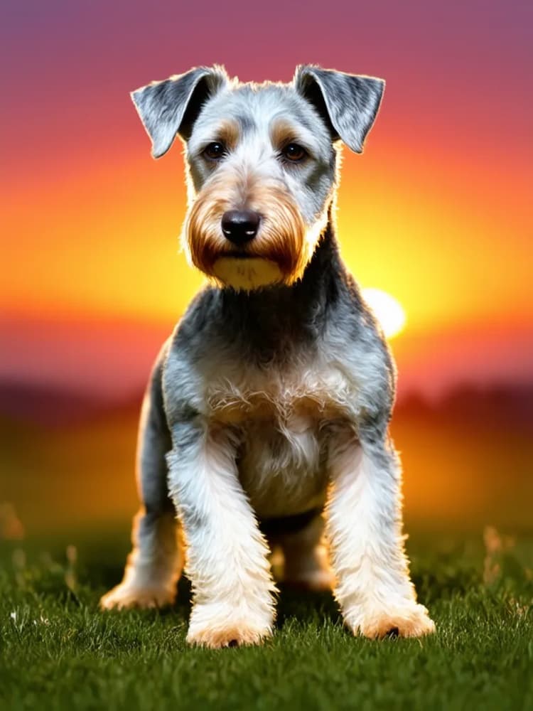 A grey and white Wire Fox Terrier stands on grass with a vibrant sunset behind it.