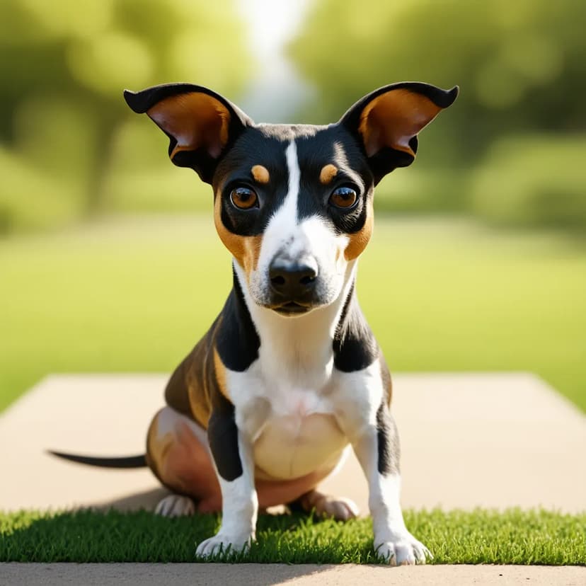 A small black and white Rat Terrier with large ears sits on a platform outside, looking directly at the camera. The background shows a blurred green outdoor setting with trees and grass.