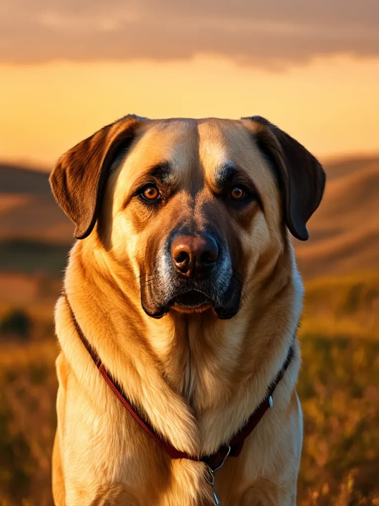 A large, tan and black Anatolian Shepherd with a dark snout stands outdoors at sunset with rolling hills in the background. The dog is wearing a brown harness.