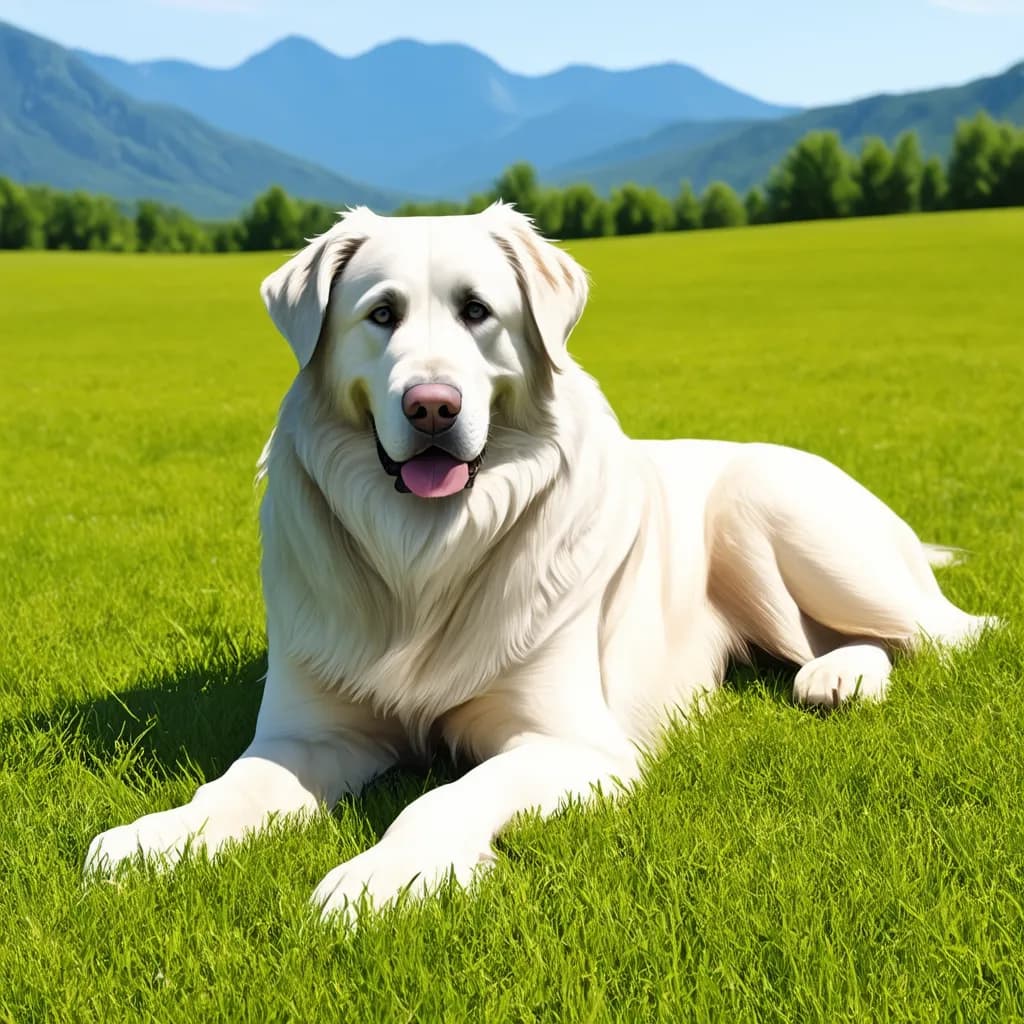 A large white dog, possibly a Great Pyrenees, with long fur is lying on a grassy field with mountains and trees in the background on a sunny day.