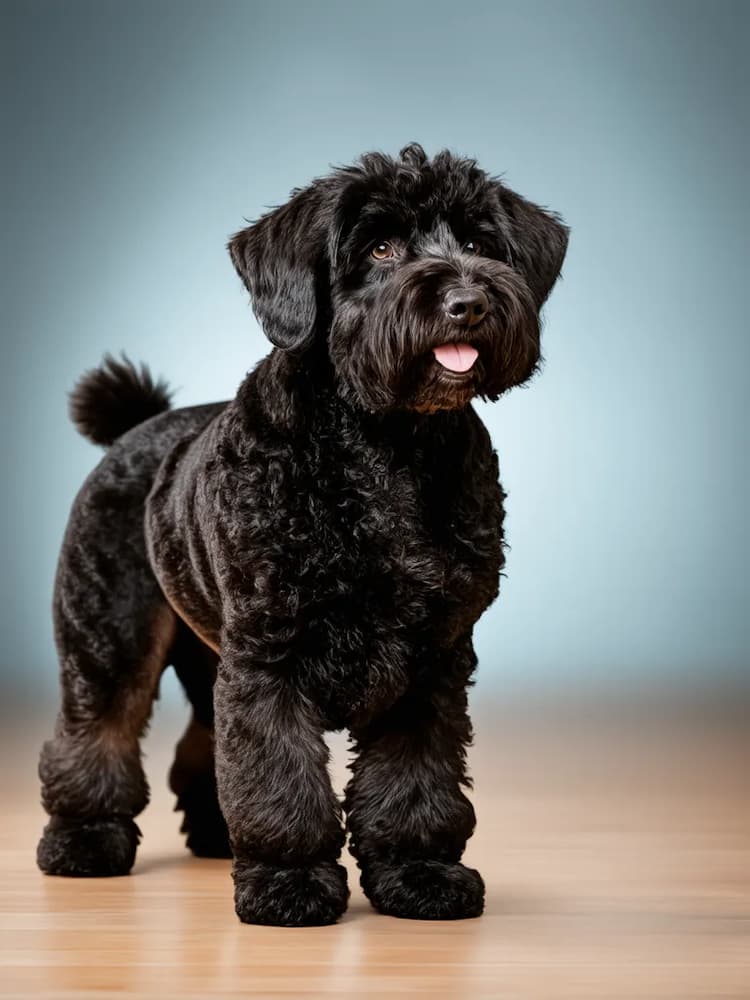 A Black Russian Terrier with curly fur stands on a wooden floor, facing the camera with its tongue sticking out against a light blue background.