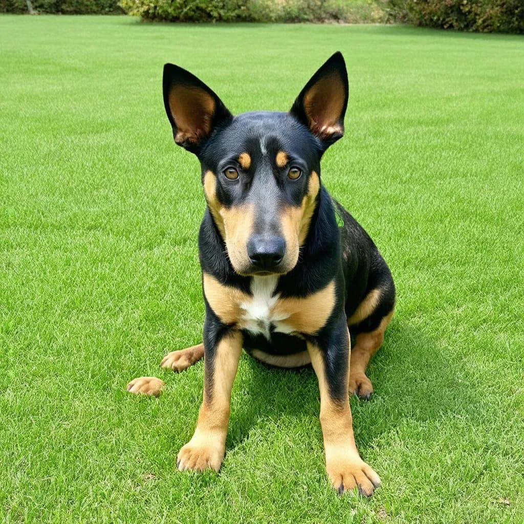 An Australian Cattle dog with large ears sits on a bright green lawn, showcasing its striking black and tan coat.