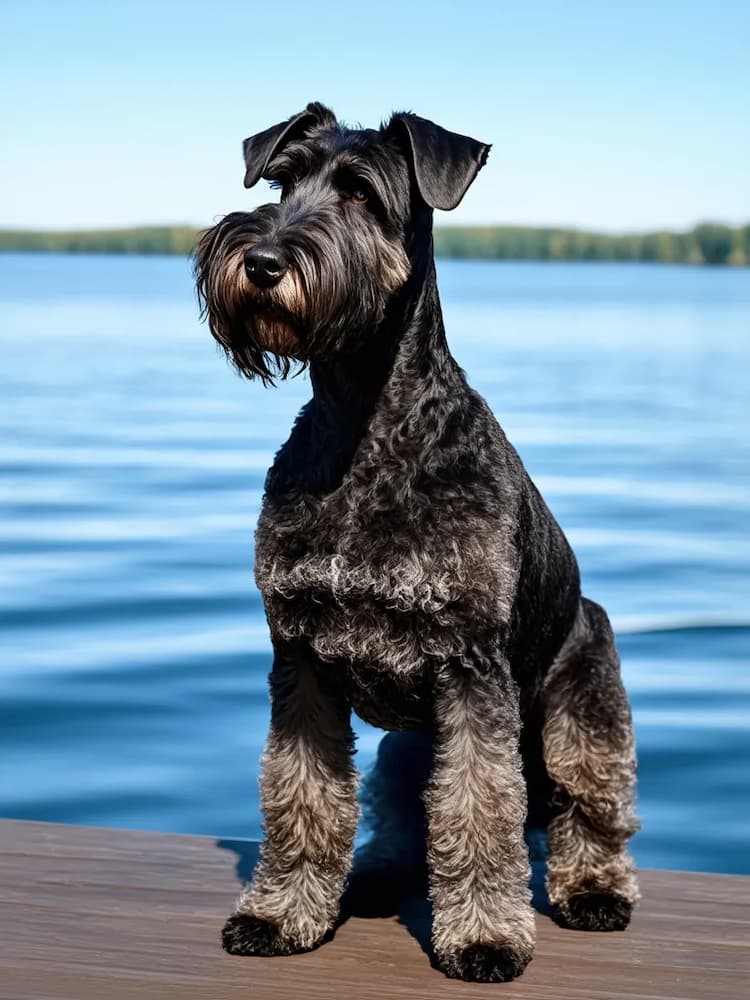 A black and gray Schnauzer sits on a wooden dock by a calm lake under a clear blue sky, accompanied by a curious Kerry Blue Terrier.