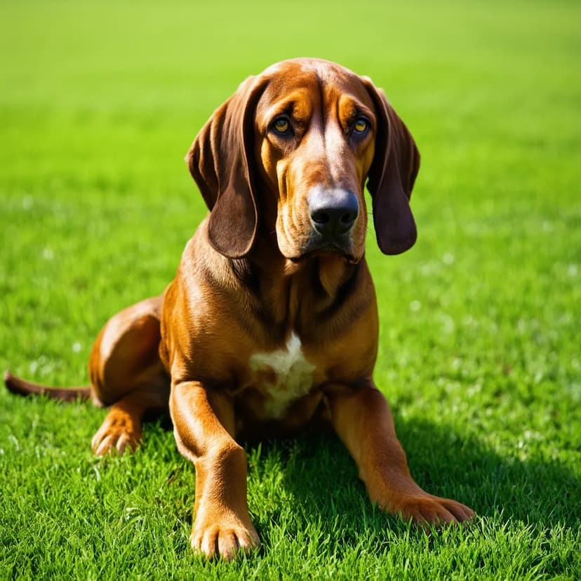 A brown Bloodhound with droopy ears sits on a grassy field, looking attentively at the camera.