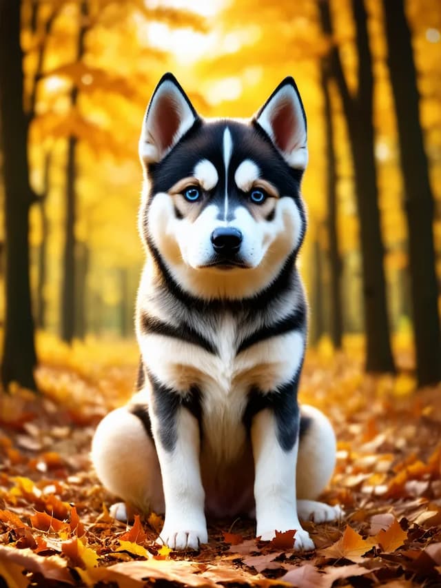 A black and white Alaska Klee Kai with blue eyes sits on a path covered with fallen leaves in an autumn forest. Tall trees with yellow leaves frame the background.