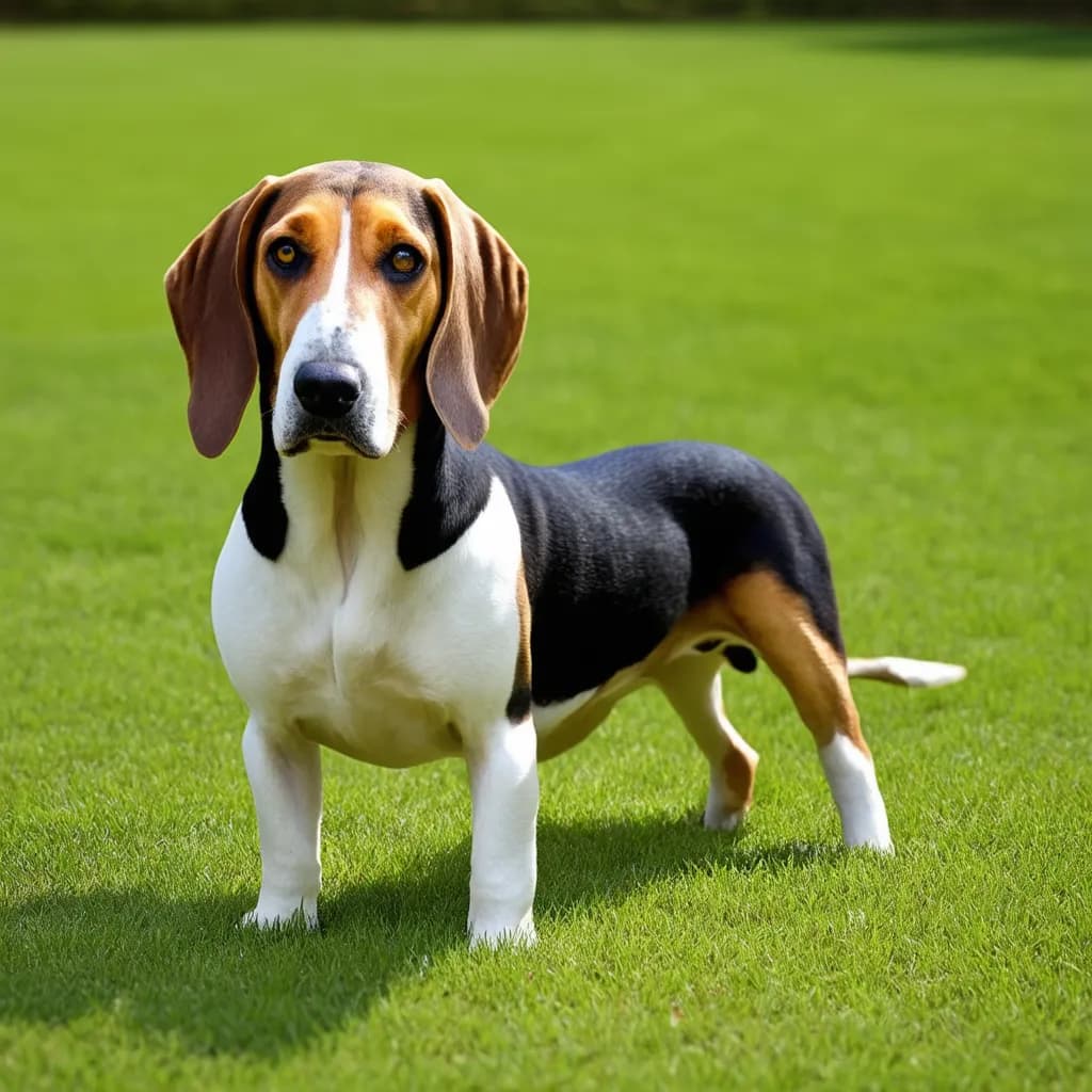 A tricolor Basset Hound with white, black, and brown fur stands alert on a grassy field, much like a Treeing Walker Coonhound would.