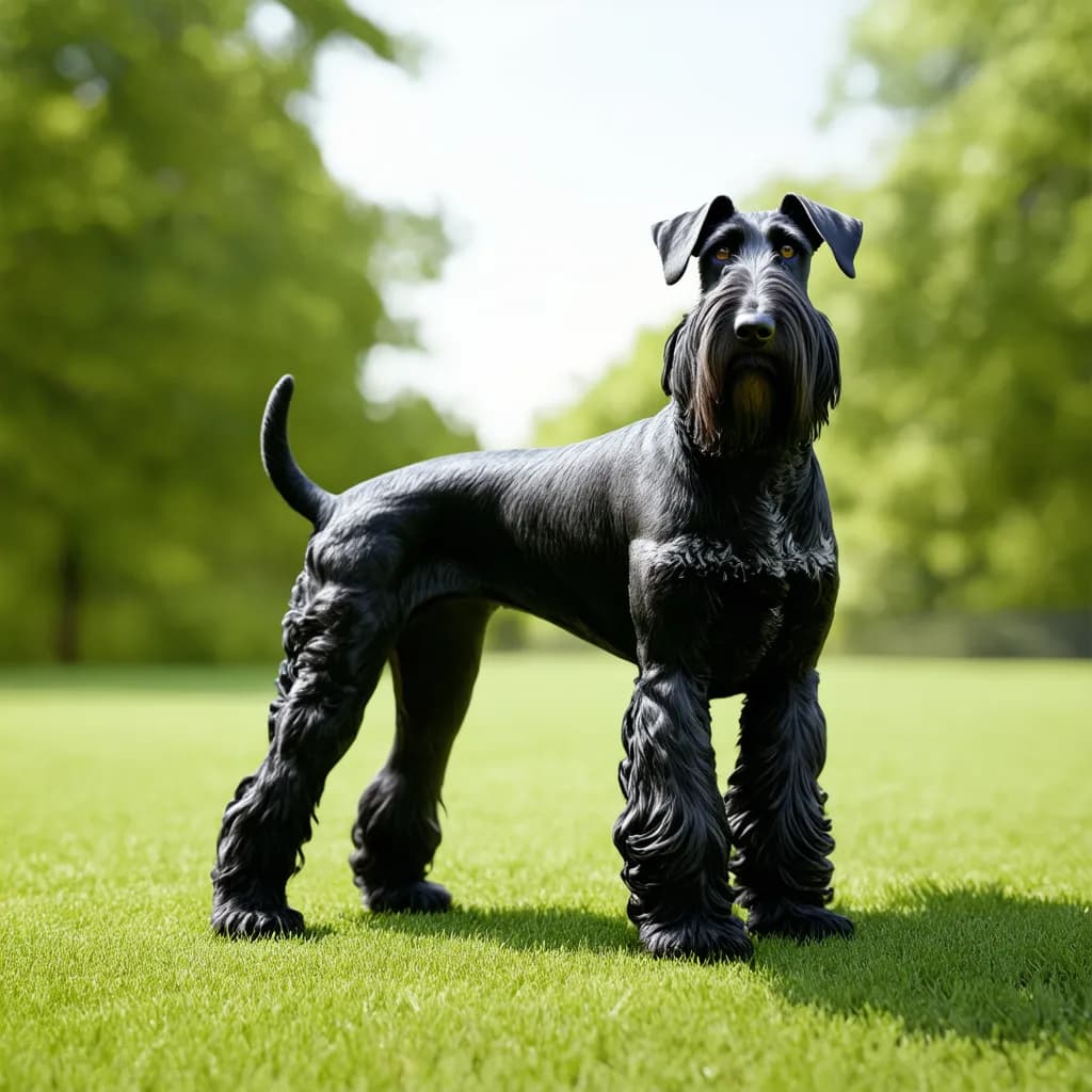 A black Giant Schnauzer stands on green grass with trees in the background, gazing forward.