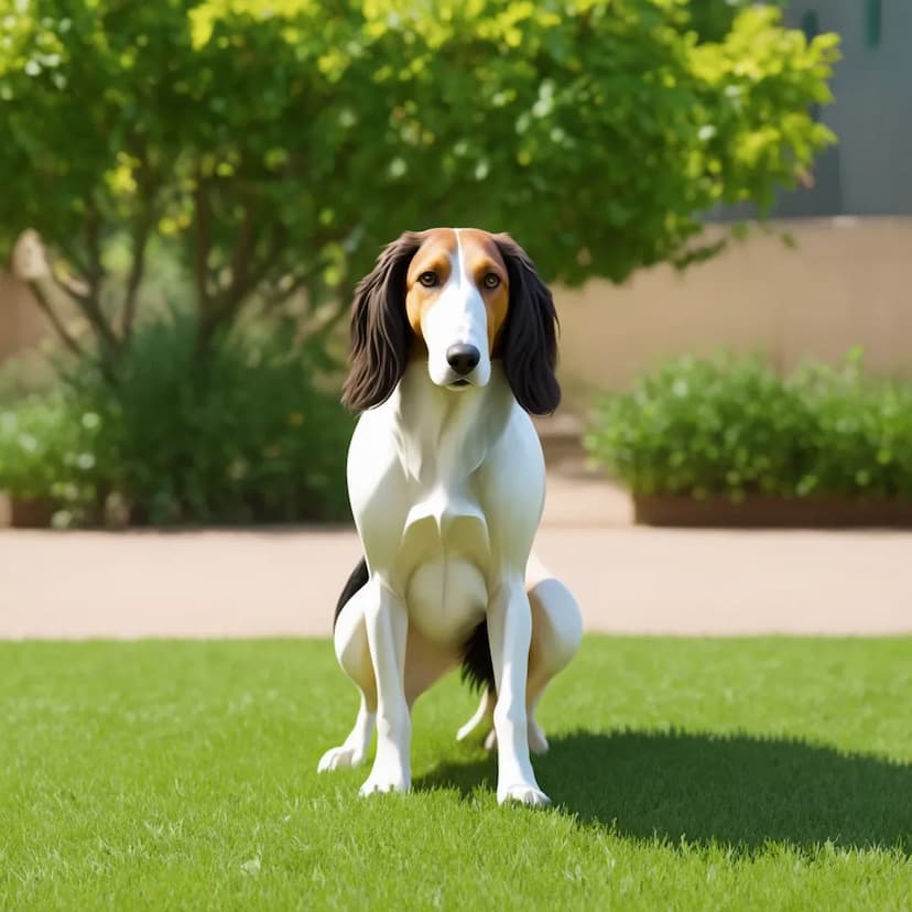 A brown, black, and white Borzoi with long ears sits on a grassy lawn, with trees and bushes in the background.