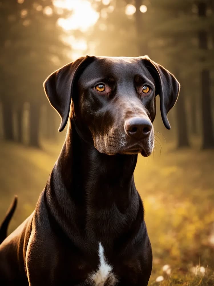 A close-up of a Pudelpointer with a white patch on its chest sitting outdoors. The background is a sunlit forest with tall trees. The dog is facing forward and looking slightly to the right.