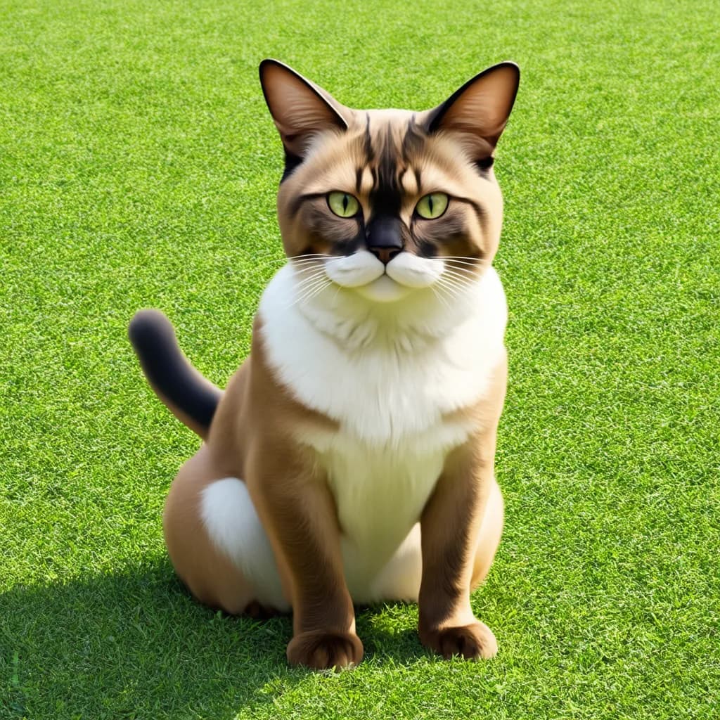 A brown, black, and white Manx cat with striking green eyes sits calmly on a patch of green grass.