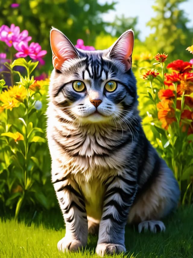 An American Wirehair with striking yellow eyes sits in a sunlit garden surrounded by colorful flowers.