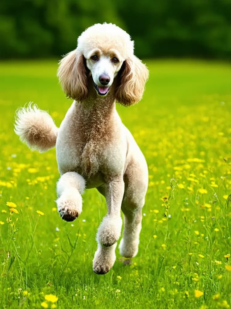 A cream-colored Standard Poodle runs through a meadow filled with yellow flowers on a sunny day.