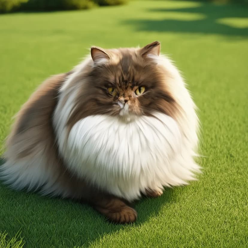 A fluffy Oriental Longhair with predominantly white and brown fur sits on a grassy lawn. The cat, with striking green eyes, looks directly at the camera.