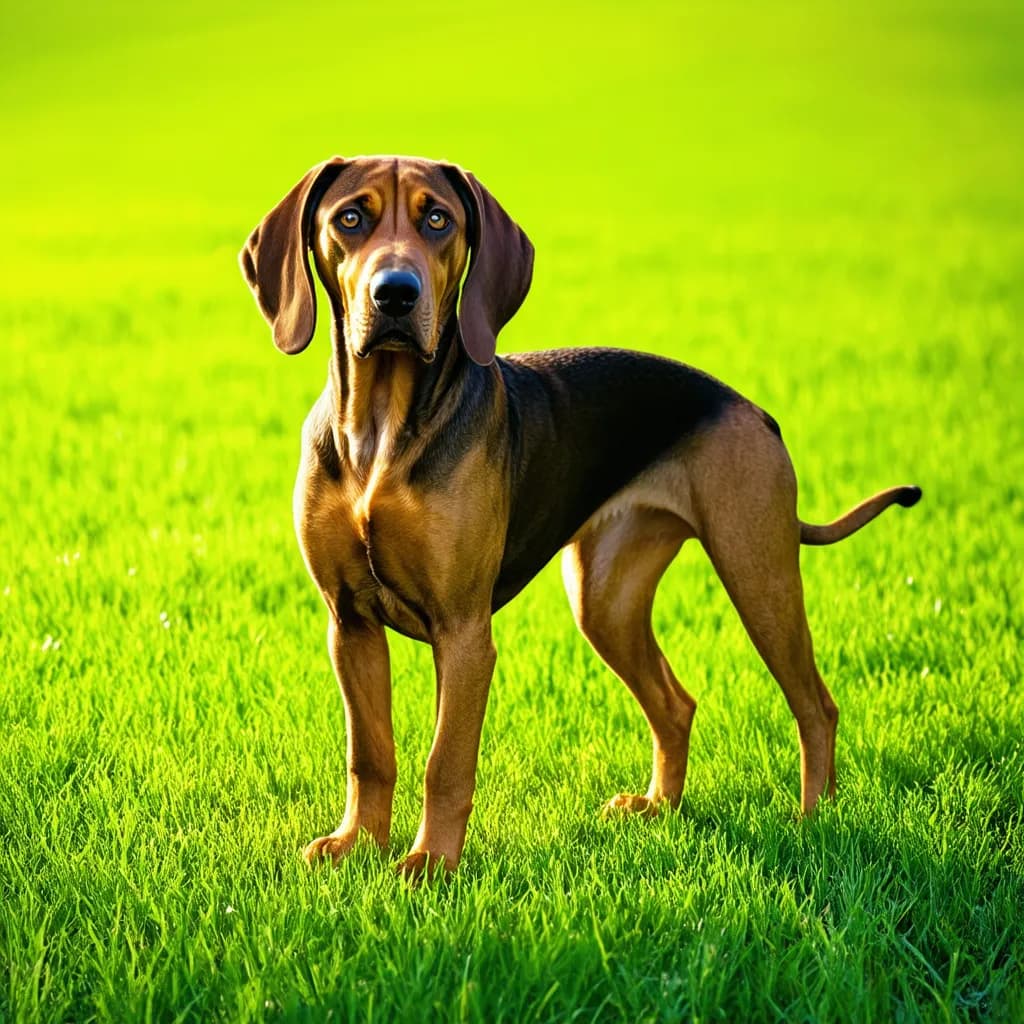 A brown and black Plott Hound with long ears stands on a bright green lawn, facing the camera.