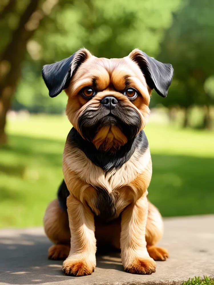 A small Brussels Griffon with a black and tan coat sits on a stone platform in a park setting, with trees and greenery in the background.