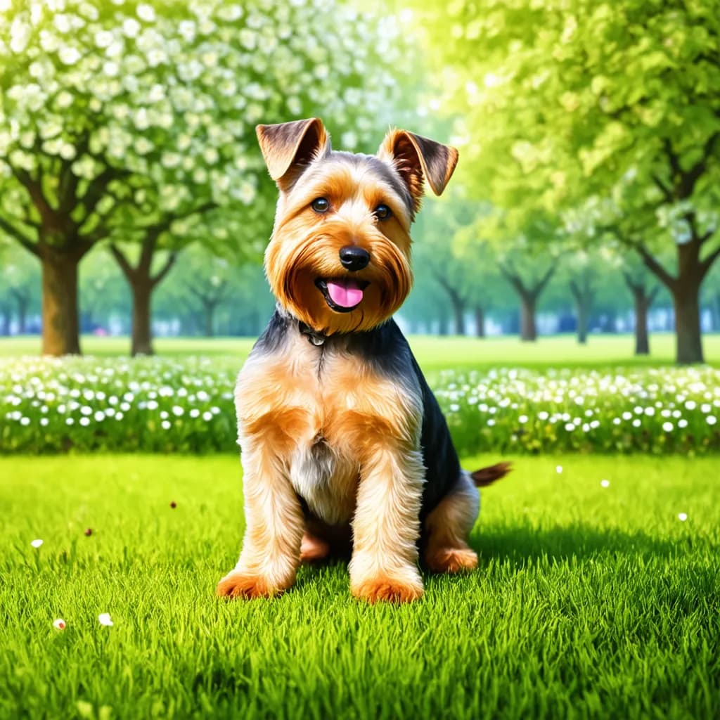 A small Soft Coated Wheaten Terrier sits on green grass in a park with flowering trees in the background. The dog has a smooth, shiny coat, pointed ears, and is panting with its tongue out.