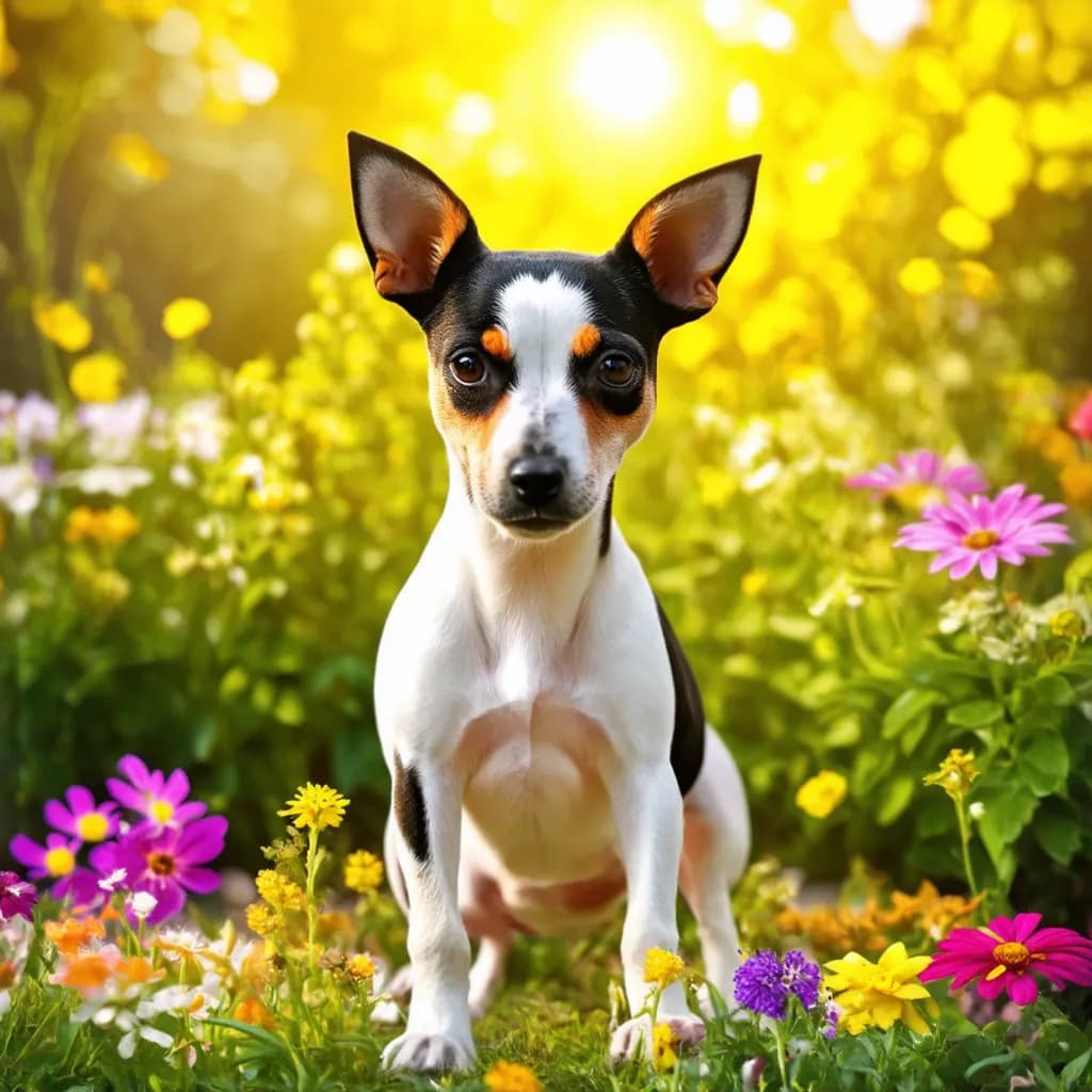 A small Toy Fox Terrier, adorned in black, white, and tan, stands in a vibrant flower-filled garden with a bright sunlit background.