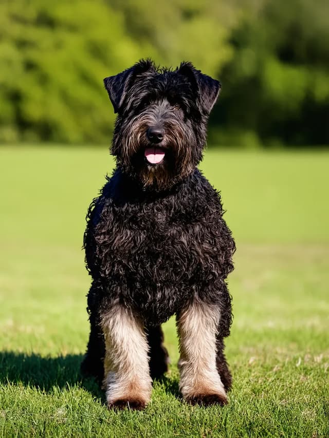 A black and white Bouvier Des Flandres with a fluffy coat sits on green grass, looking at the camera with its tongue out. A blurred leafy background is visible.