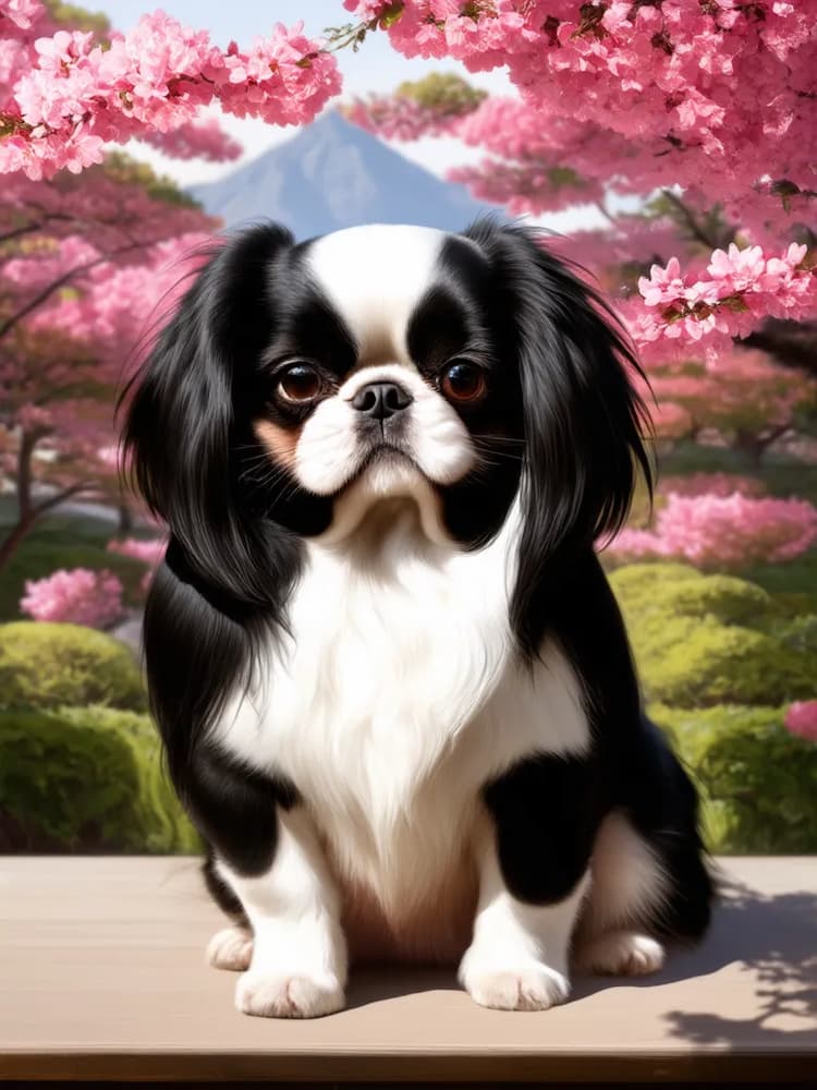 A black and white Japanese Chin sits on a wooden surface with blooming pink cherry blossoms and a mountain in the background.