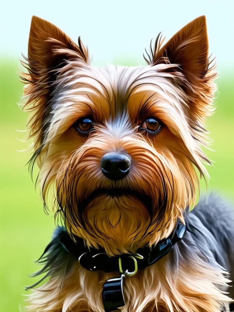 A close-up image of a Yorkshire Terrier dog with a slightly blurred green background. The dog, reminiscent of a Cairn Terrier, is wearing a black collar and stares directly at the camera with its ears perked up.