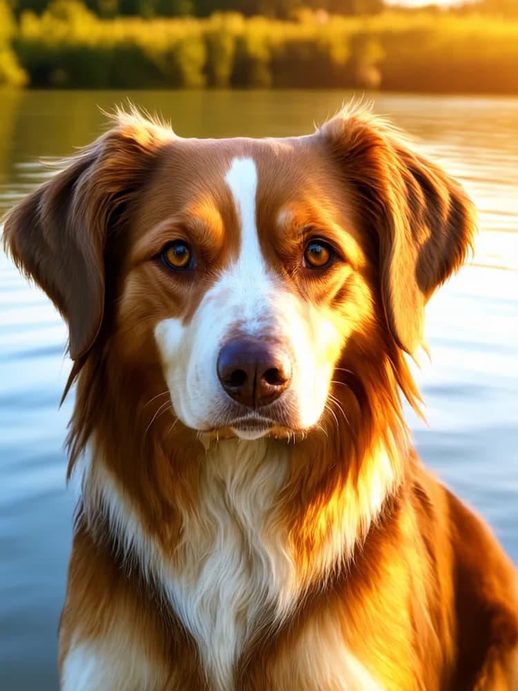 A brown and white Carolina dog with a serious expression sits by the water, trees in the background illuminated by golden sunlight.