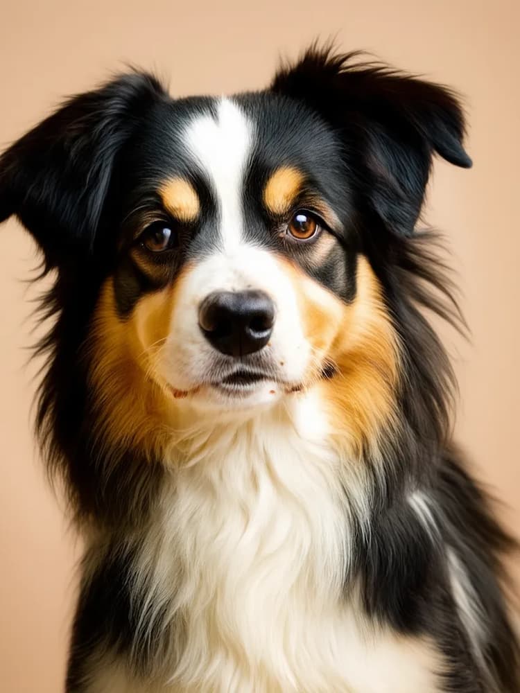 A close-up of a tri-colored Miniature American Shepherd with black, white, and tan fur, sitting against a beige background, looking directly at the camera.