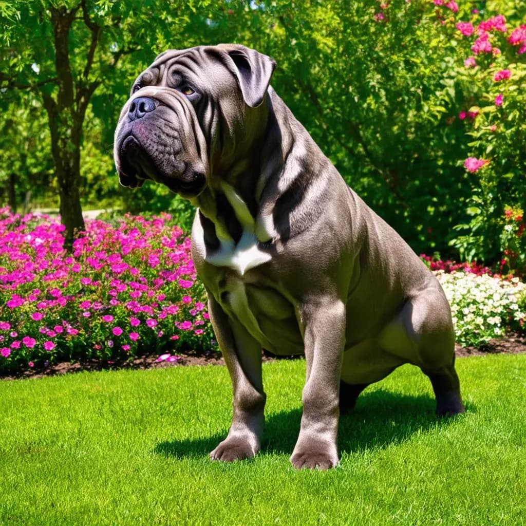 A large, gray Neapolitan Mastiff stands alert on a lush green lawn, surrounded by vibrant pink and white flowers, with trees in the background.