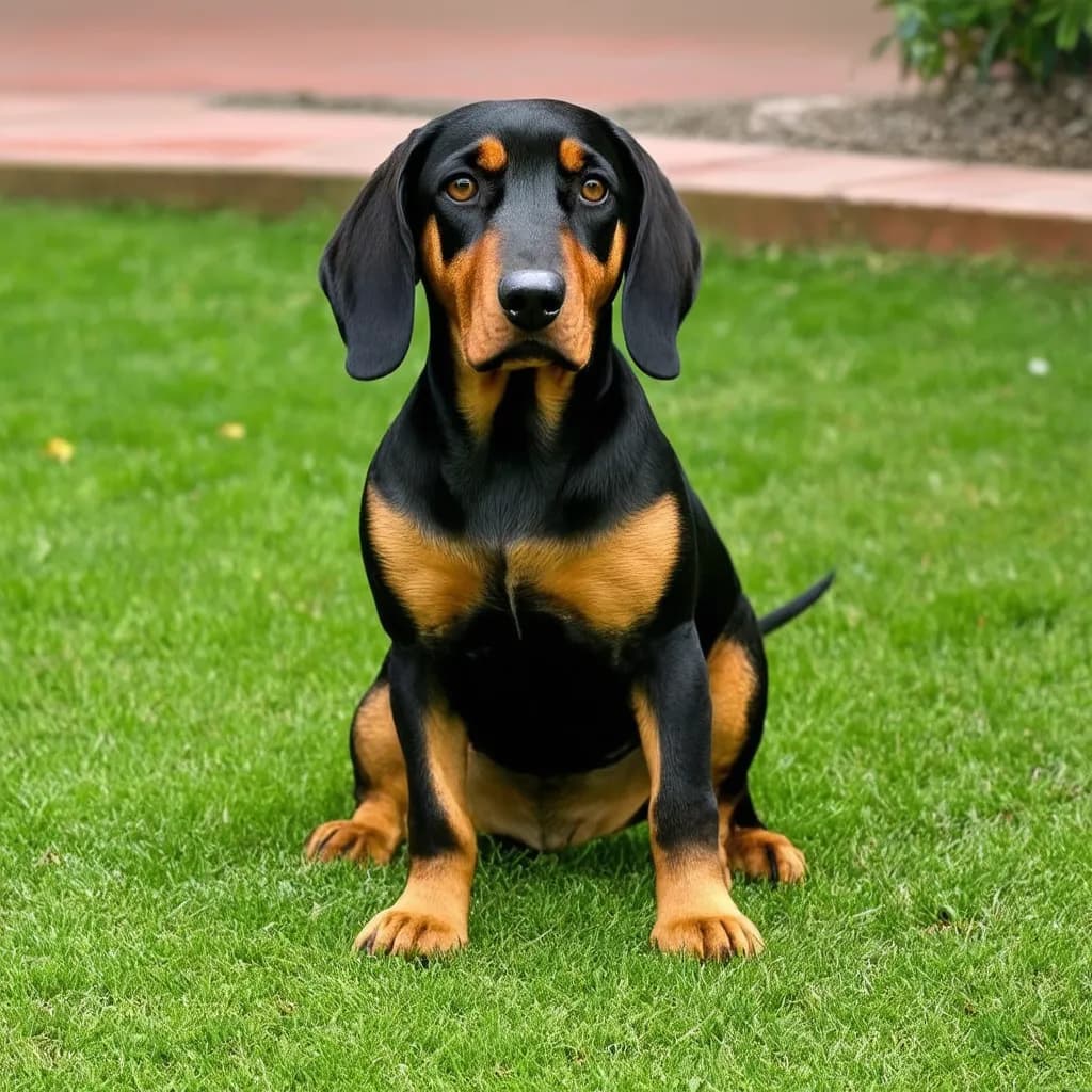 A Black and Tan Coonhound with short fur and floppy ears sits on a green lawn, a brick path visible in the background.