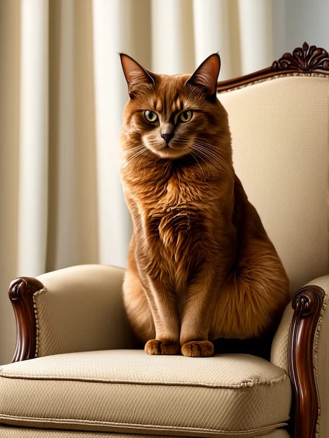 A Havana Brown cat with a thick fur coat sits attentively on a beige upholstered armchair with wooden armrests. Cream-colored curtains are visible in the background.