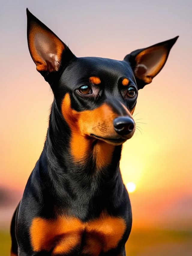 A black and tan Miniature Pinscher with pointed ears sits outdoors at sunset, looking attentively to the side.